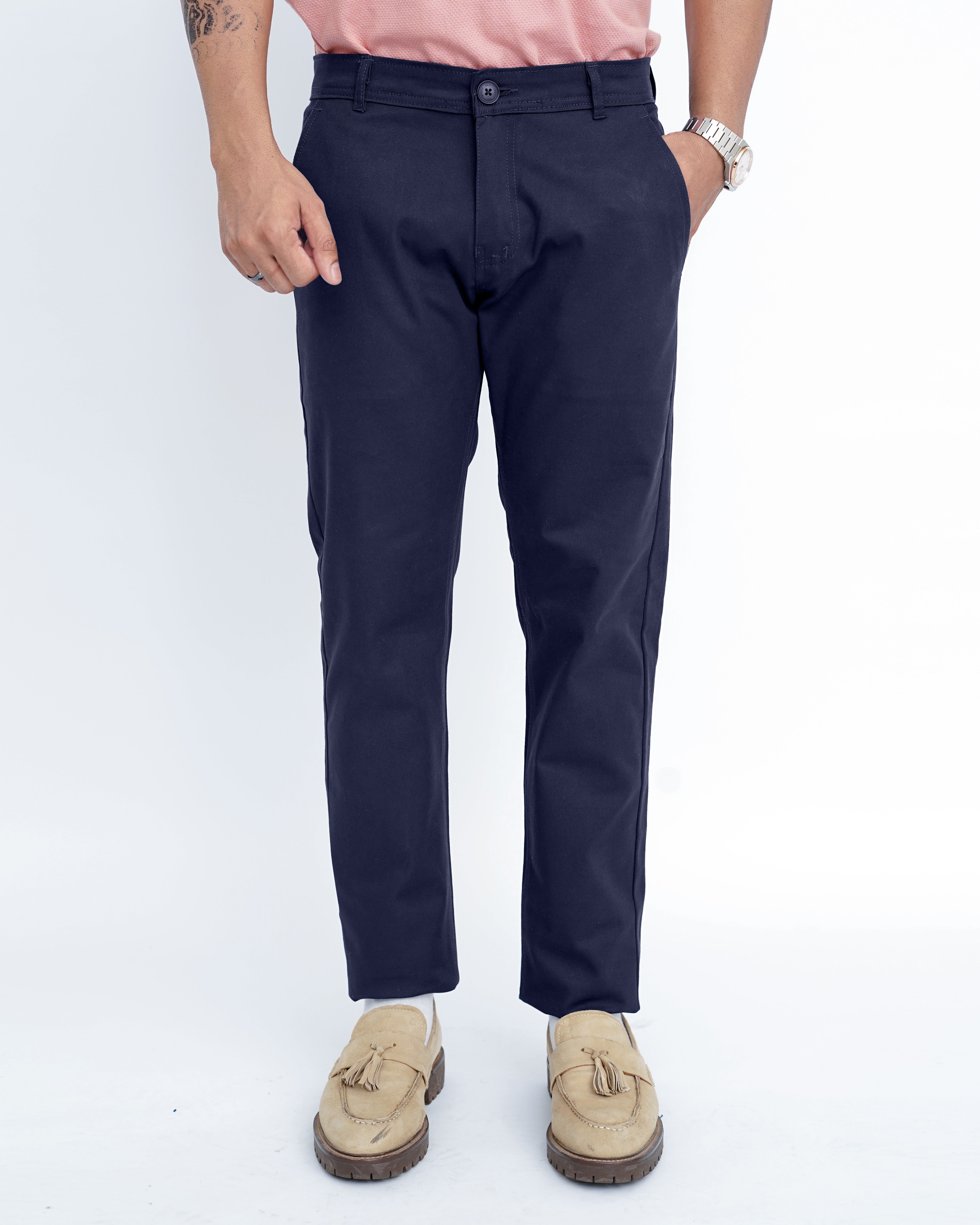 Navy Blue Cotton Pant-Smart Fit