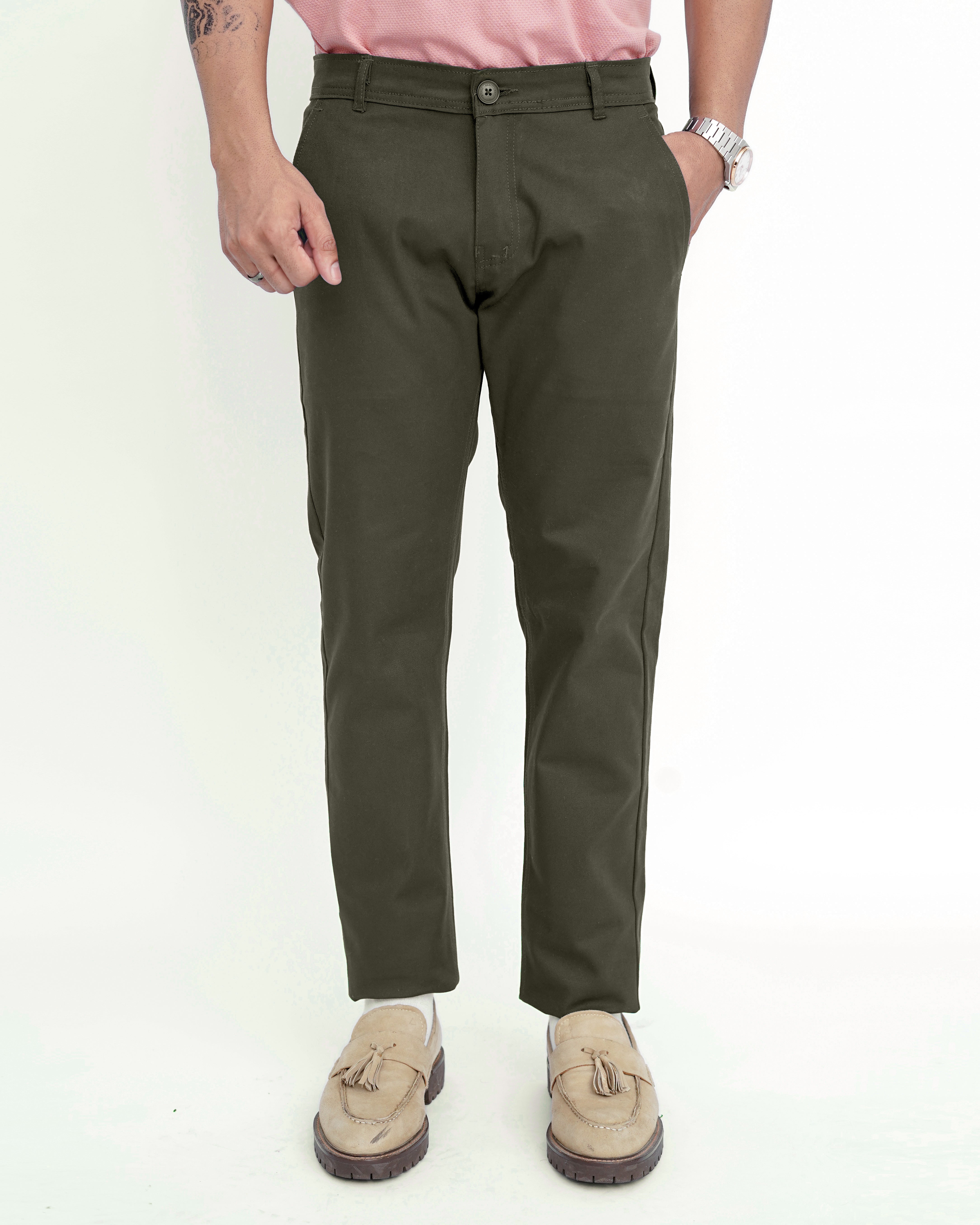 Olive Green Cotton Pant-Smart Fit